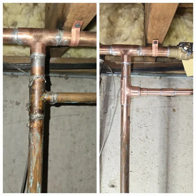 Copper water-line fittings before and after a connection repair